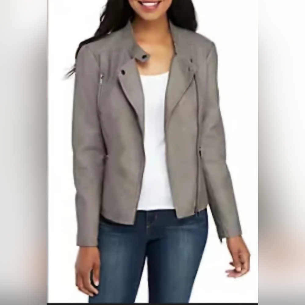 KAARI Blue Dark Gray Faux Leather Bomber Jacket